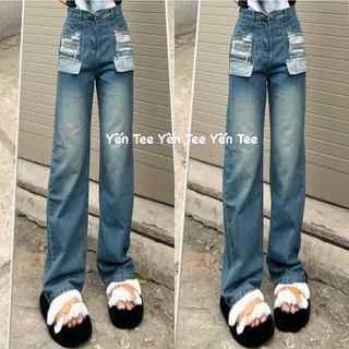 Quần jeans ống xuông màu xanh nhạt Yến Tee Shop , túi thêu aka cá tính #0673