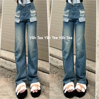 Quần jeans ống xuông màu xanh nhạt Yến Tee Shop , túi thêu aka cá tính #0673