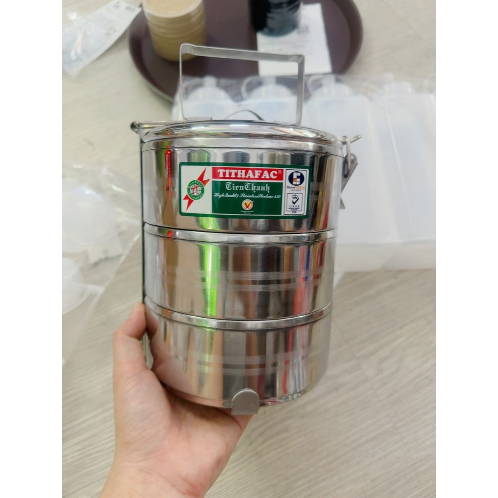 Cặp lồng bằng inox đựng cơm, thức ăn 3 ngăn có nắp đậy + quai xách tiện lợi có size ( 12cm, 14cm, 16cm)- Camen đựng cơm