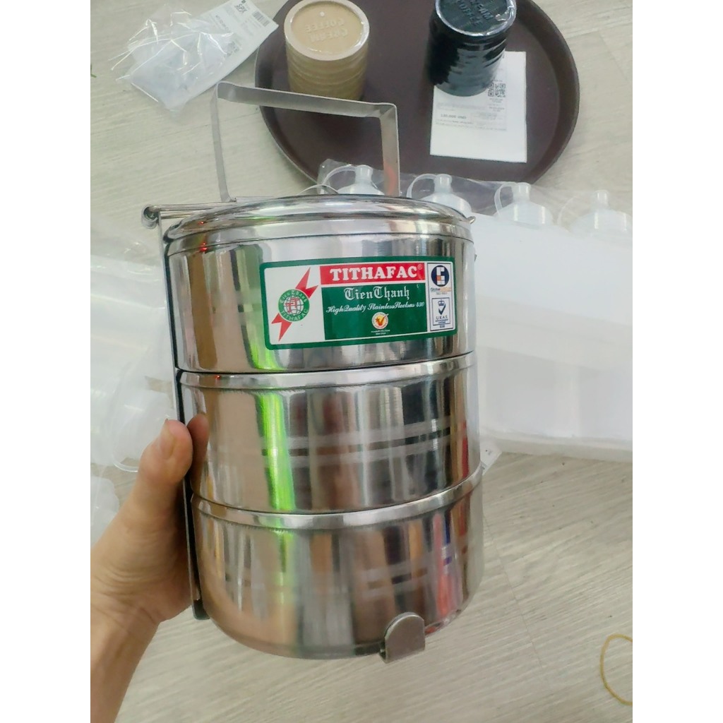 Cặp lồng bằng inox đựng cơm, thức ăn 3 ngăn có nắp đậy + quai xách tiện lợi có size ( 12cm, 14cm, 16cm)- Camen đựng cơm