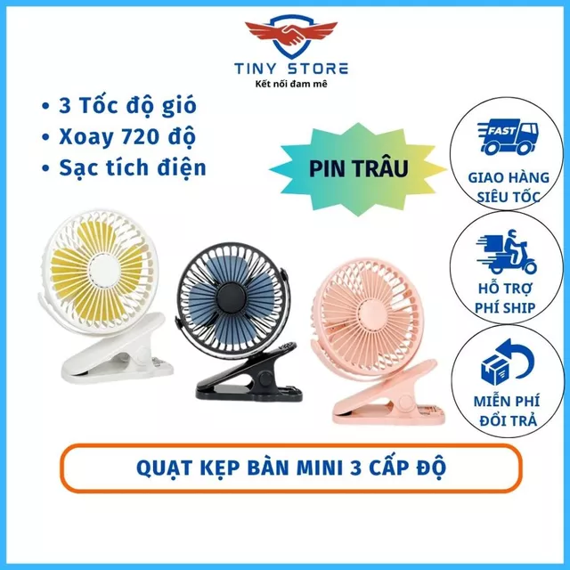 Quạt kẹp bàn mini tích điện - Quạt để bàn sạc tích điện xoay 720 độ