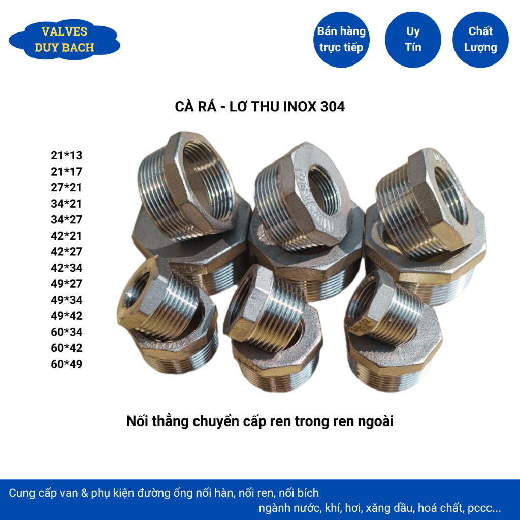 Cà rá inox 304 phi 42 49 60 lơ thu ren trong ren ngoài tăng giảm chuyển ...
