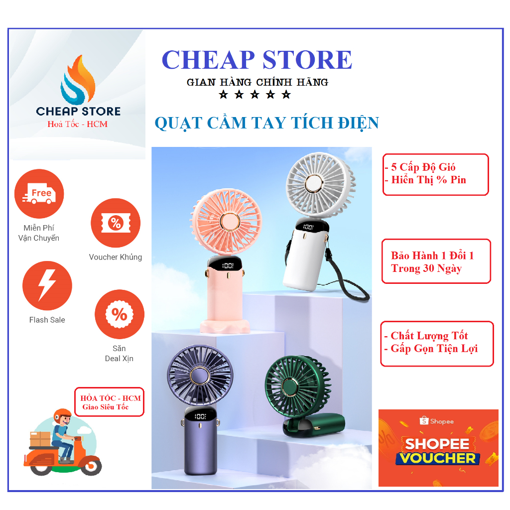 Quạt Cầm Tay Tích Điện Dung Lượng Pin Khủng-10.000mAh ,5 Cấp Độ Gió màn ...
