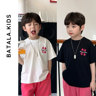Áo thun cộc tay bé trai Batala Kids, Áo phông mùa hè trẻ em cotton xược in chữ A BCD hồng cho bé từ 10-25kg