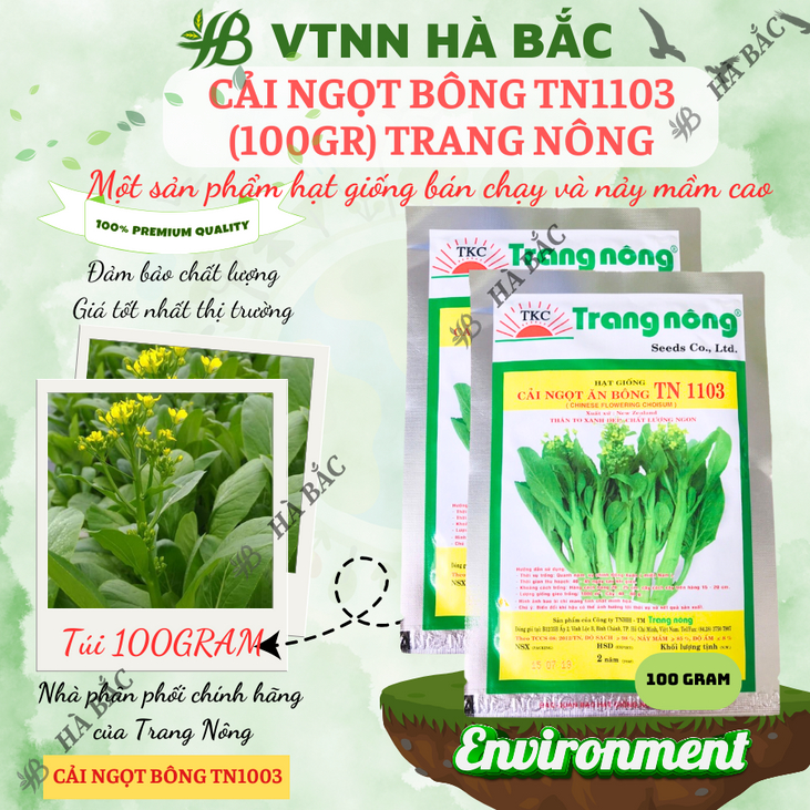 Cải Ngọt Bông TN1103 Trang Nông (100gram), hạt giống nảy mầm tốt, năng suất cao, trông quanh năm - Hạt giống Hà Bắc