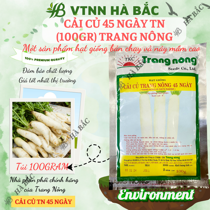 Cải Củ 45 Ngày Trang Nông (100gr), hạt giống nảy mầm tốt, năng suất cao, trông quanh năm - Hạt giống Hà Bắc