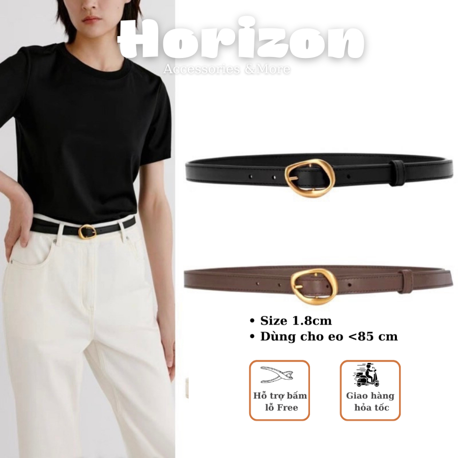 Thắt lưng da nam nữ đai váy nữ dây nịt bản nhỏ 1.8cm CATHIE mặt đồng da xịn dày dặn phối blazer, đầm thời trang Horizon