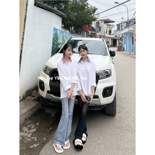 Áo sơ mi trắng dài tay phối cổ xanh Yến Tee Shop chất mát #019