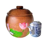 Bình ủ trà gỗ dừa vẽ hoa sen, Bình trà 0,7 - 0,9 lít, Sản phẩm được tiện nguyên khối từ gỗ dừa già, Sử dụng bền đẹp — ảnh 1