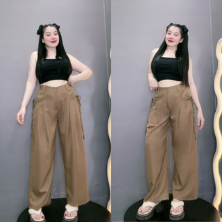 Quần ống rộng bigsize nữ cạp cao có túi hộp kèm dây buộc nơ nữ tính chất cotton lạnh mềm mát QNT