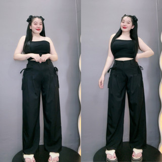 Quần ống rộng bigsize nữ cạp cao có túi hộp kèm dây buộc nơ nữ tính chất cotton lạnh mềm mát QNT