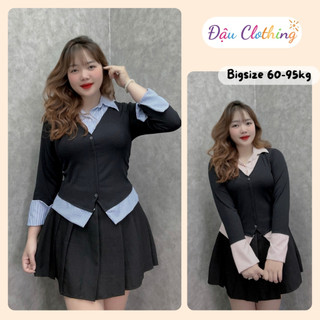 Áo sơ mi bigsize nữ giả hai lớp tay dài sơ mi sọc vải nỉ tăm phối xoa cá tính SM141