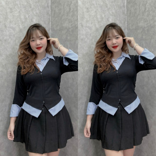 Áo sơ mi bigsize nữ giả hai lớp tay dài sơ mi sọc vải nỉ tăm phối xoa cá tính SM141