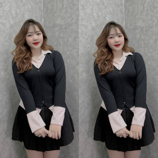 Áo sơ mi bigsize nữ giả hai lớp tay dài sơ mi sọc vải nỉ tăm phối xoa cá tính SM141