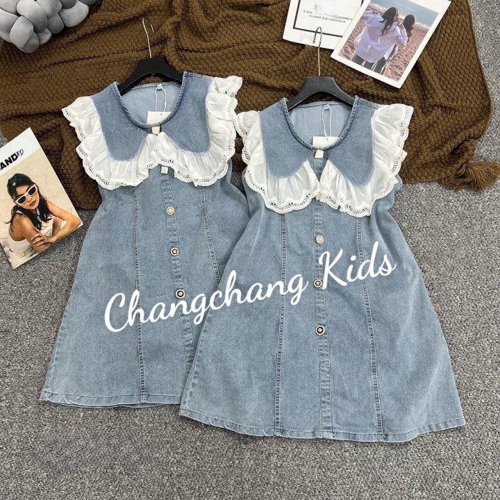 Đầm jean dáng chữ A cổ ren thanh lịch cho mẹ và bé gái 12-55kg , Đầm đi chơi , đi biển , đi du lịch