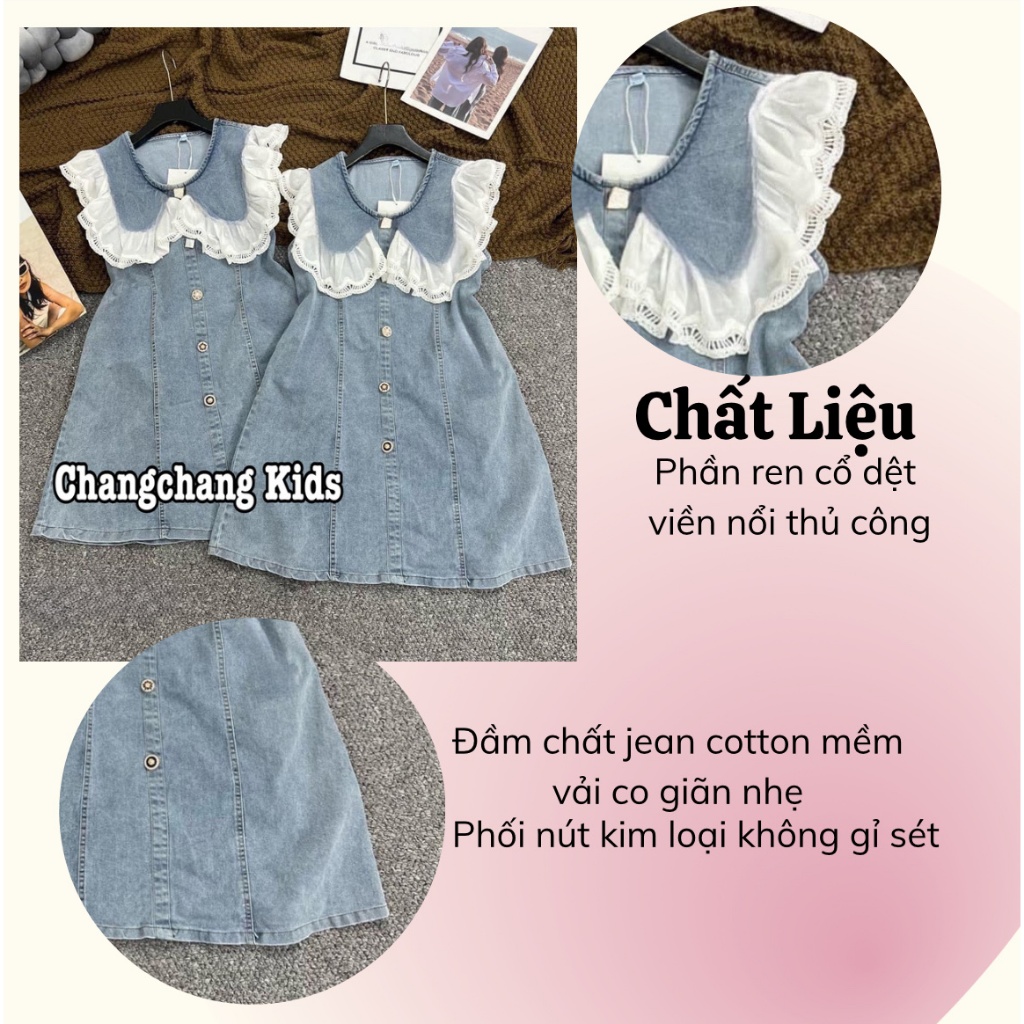 Đầm jean dáng chữ A cổ ren thanh lịch cho mẹ và bé gái 12-55kg , Đầm đi chơi , đi biển , đi du lịch