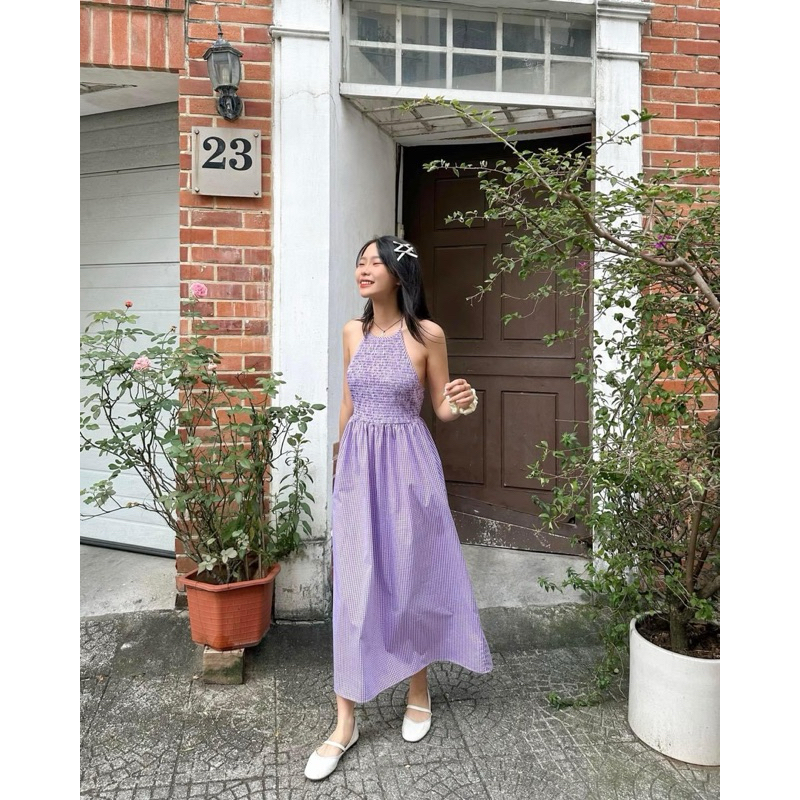 Đầm maxi cổ yếm hở lưng tím LIBI DRESS