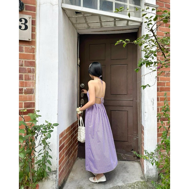 Đầm maxi cổ yếm hở lưng tím LIBI DRESS