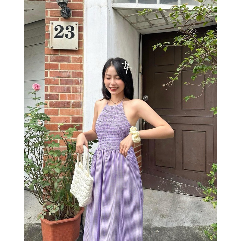 Đầm maxi cổ yếm hở lưng tím LIBI DRESS