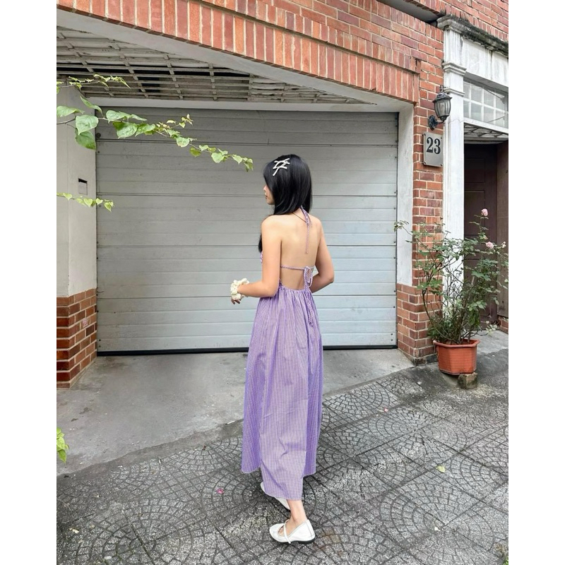 Đầm maxi cổ yếm hở lưng tím LIBI DRESS