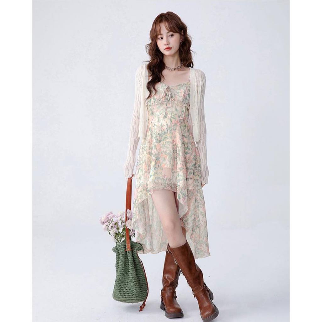 🍊 Set đầm hoa 2s voan bèo + cardigan kem lưới 🔥𝐇𝐨𝐚̉ 𝐓𝐨̂́𝐜🔥 𝐌𝐄𝐎𝐈𝐍𝐃𝐀𝐇𝐎𝐔𝐒𝐄