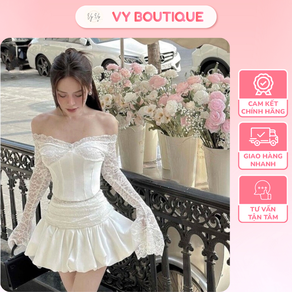 Korte Set - Áo vest tay dài cổ v & Đầm Mini Phối Ren Xẻ Chữ A