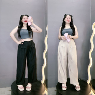 Quần ống suông NHỎ CLOTHING bigsize dài nắp túi bigsize nữ dây kiểu cột dây xinh xắn - QDNT