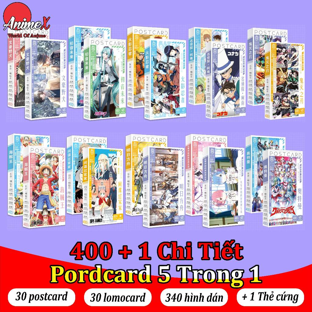 Hộp Postcard Bưu thiếp 401 Chi Tiết Nhiều Anime/Manga Onepiece Naruto Kimetsu No Jaiba Jujutsu Kaisen Spy X Family