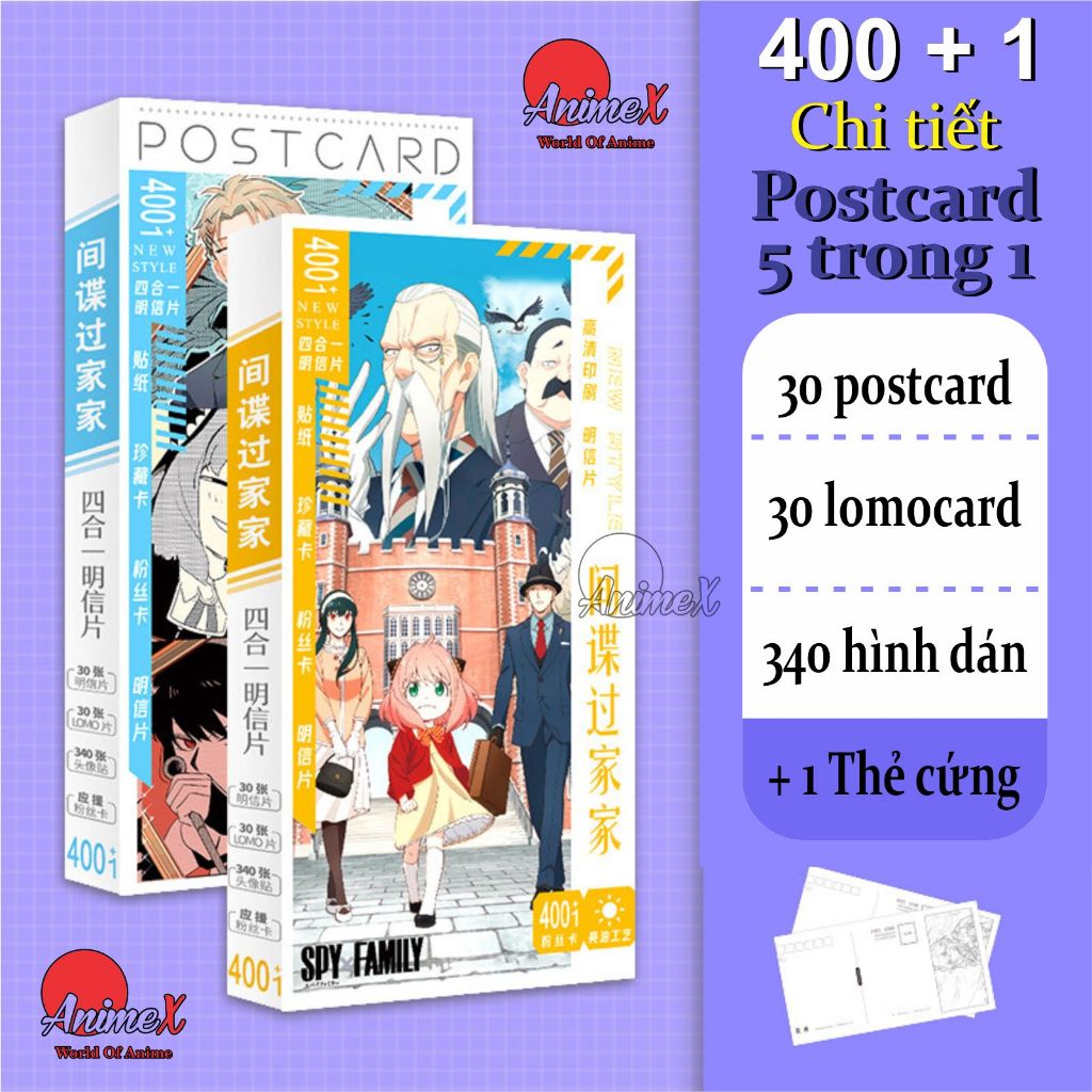 Hộp Postcard Bưu thiếp 401 Chi Tiết Nhiều Anime/Manga Onepiece Naruto Kimetsu No Jaiba Jujutsu Kaisen Spy X Family