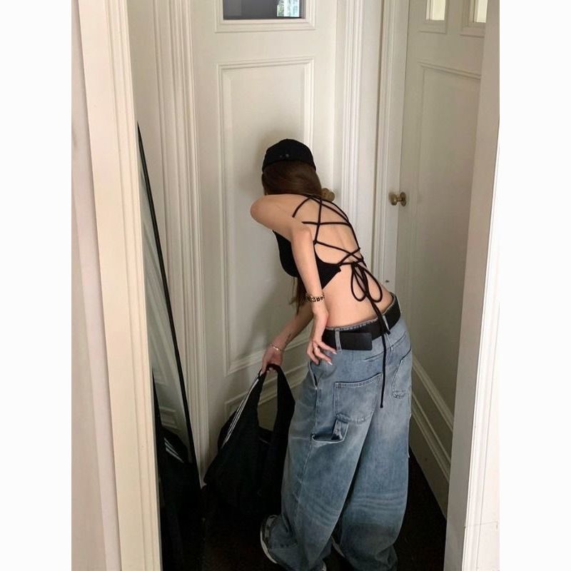 Áo sát nách ba lỗ croptop màu đen trơn dây đan chéo sau lưng quyến rũ sexy cá tính ASN013 - Tiktik