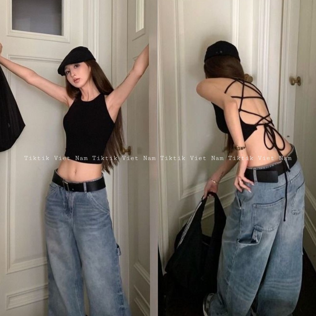 Áo sát nách ba lỗ croptop màu đen trơn dây đan chéo sau lưng quyến rũ sexy cá tính ASN013 - Tiktik