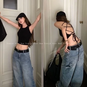 Áo sát nách ba lỗ croptop màu đen trơn dây đan chéo sau lưng quyến rũ sexy cá tính ASN013 - Tiktik