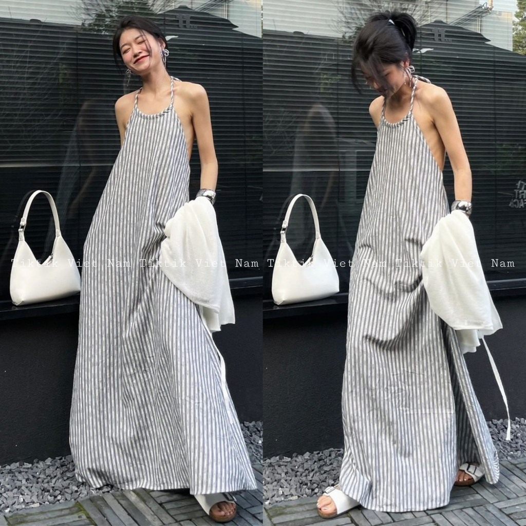 Váy đầm maxi dáng dài cổ yếm màu trắng họa tiết kẻ sọc đen thích hợp đi biển mùa hè V002 - Tiktik