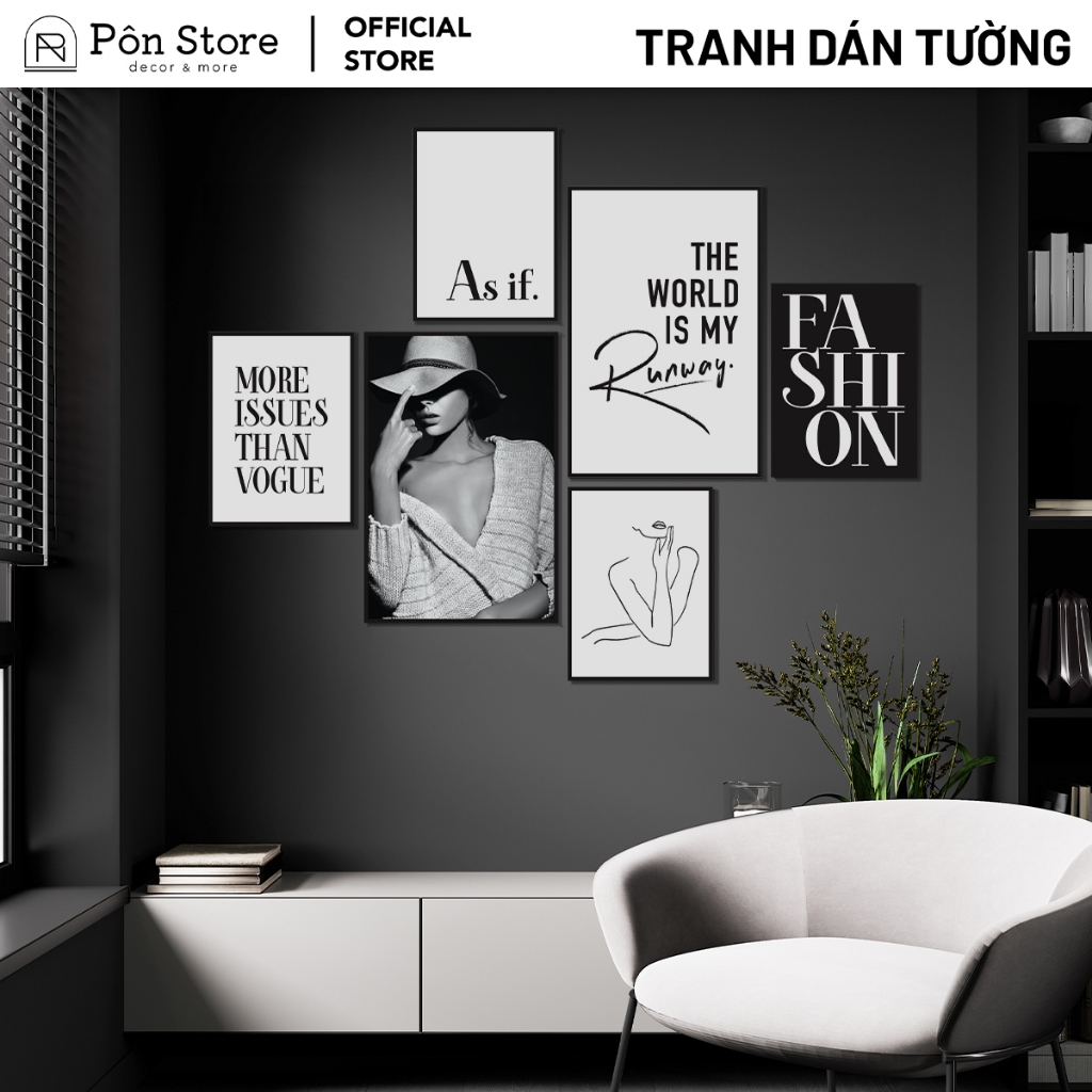 Bộ 6 Tranh In Dán Tường Fashion Trắng Đen Chất Liệu Nhựa Formex 5mm Có ...