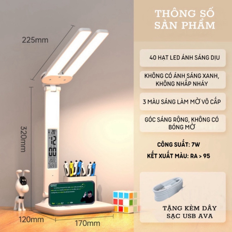 Đèn LED Để Bàn Đa Năng, Đèn Học Để Bàn Chống Cận Cao Cấp Với 3 Màu Sáng Và Đồng Hồ LCD Sắc Nét SP24
