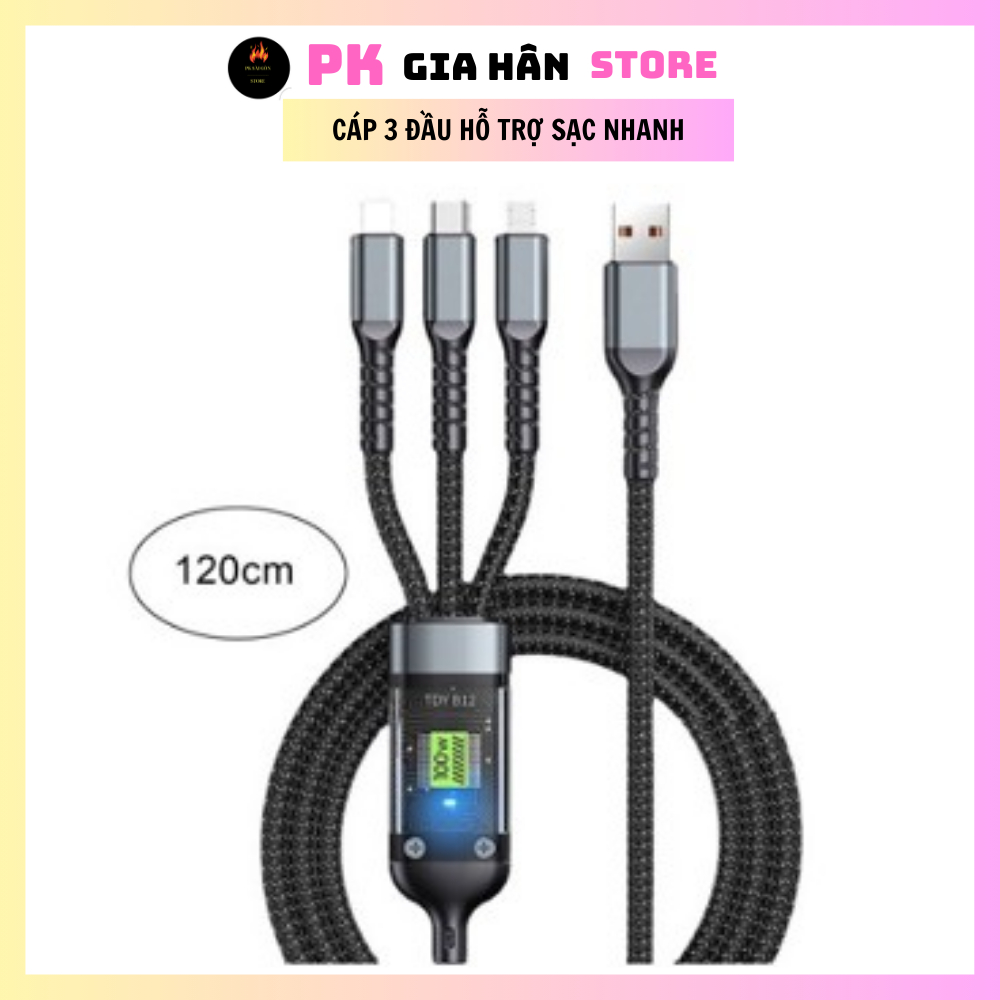 Dây cáp 3 đầu, hỗ trợ sạc nhanh 3 cổng sạc Micro USB Type C, có led báo ...