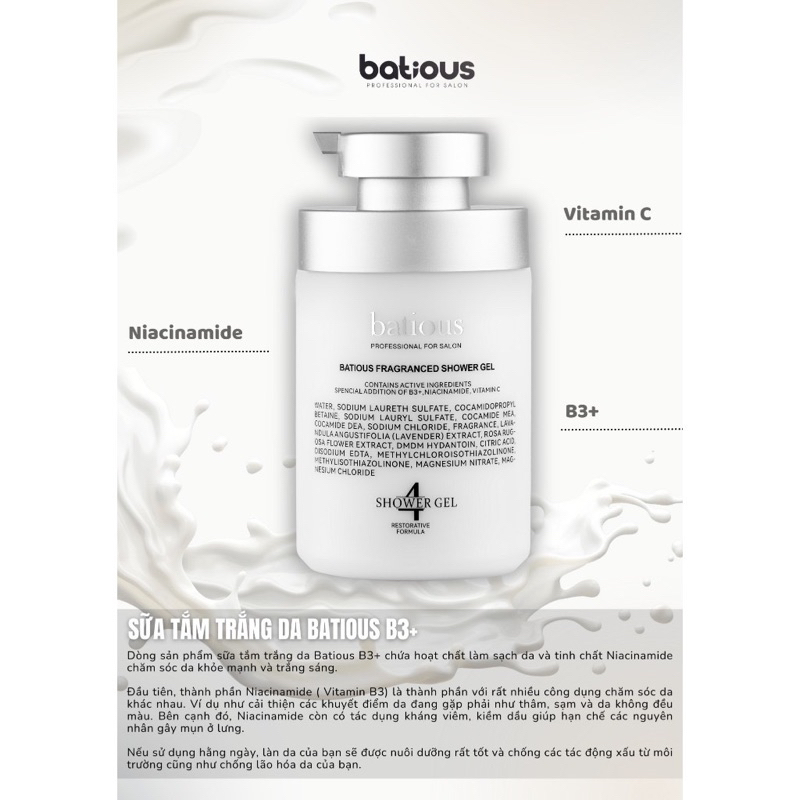 Sữa tắm BATIOUS B3+ 500ml hạn 2028 trắng da mờ thâm IS231