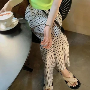 Quần Ống Rộng Họa Tiết Chấm Bi Dây Rút Phong Cách Hàn Quốc Cho Nữ