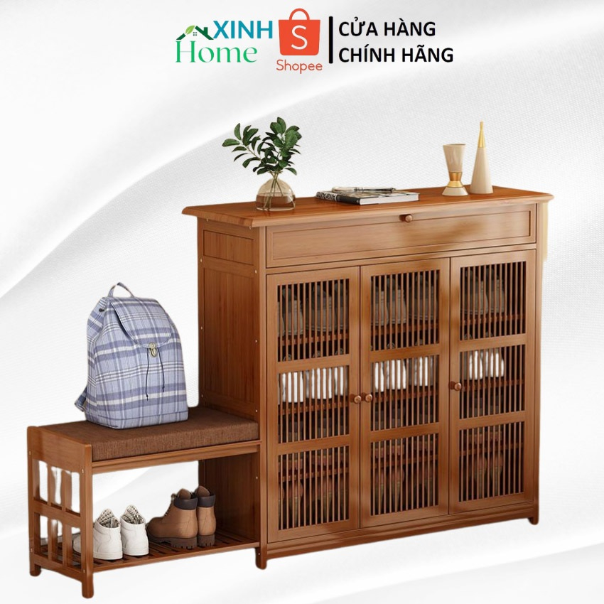 Tủ giày gỗ tre 3 cánh, 4 cánh 1m, 1m3 có ngăn kéo phong cách Vintage ...
