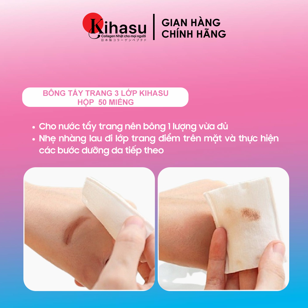 Ảnh Bông tẩy trang Kihasu 100% cotton 3 lớp mềm mại làm sạch bụi bẩn, lớp trang điểm, an toàn cho mọi loại da 3