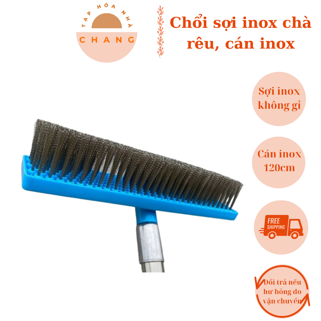 Chổi sắt chà rêu sợi inox, bản nhựa ABS, cán inox dài 120cm có thể rút ...