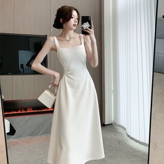 Đầm váy dài midi hai dây cổ vuông nữ tính chất liệu Yumi Hàn mềm mại - Đầm váy đen trắng hai dây dáng dài tôn dáng