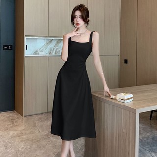 Đầm váy dài midi hai dây cổ vuông nữ tính chất liệu Yumi Hàn mềm mại - Đầm váy đen trắng hai dây dáng dài tôn dáng
