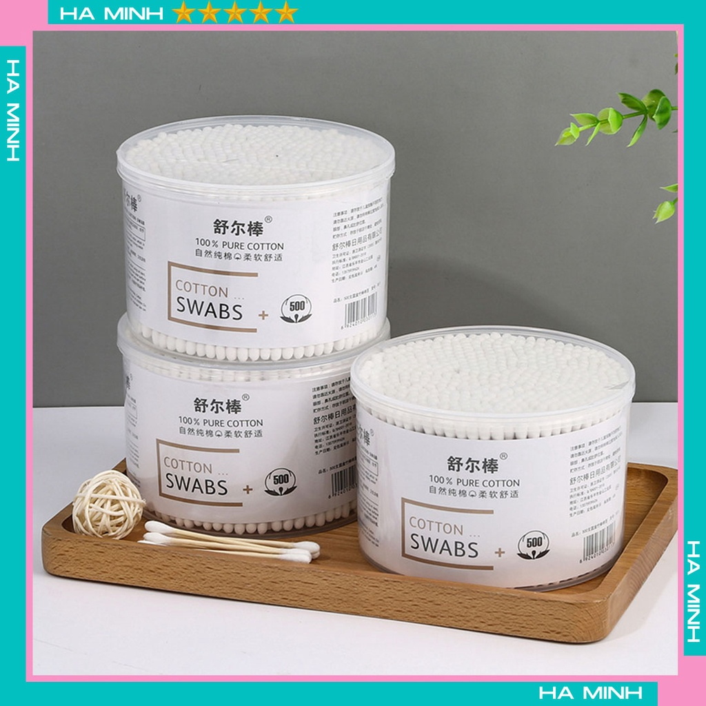 Hộp 500 Tăm Bông Thân Gỗ Tre Ngoáy Tai Người Lớn 2 Đầu Vệ Sinh Tai Đa Năng An Toàn Tiện Lợi