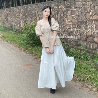 Quần Ống Rộng Chất Vải Đũi Sần Dáng Dài Xòe Quần Rộng Giả Váy Cạp Chun Cao Váy Dáng Chữ A Eo Co Giãn Cakecat