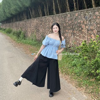 Quần Ống Rộng Chất Vải Đũi Sần Dáng Dài Xòe Quần Rộng Giả Váy Cạp Chun Cao Váy Dáng Chữ A Eo Co Giãn Cakecat