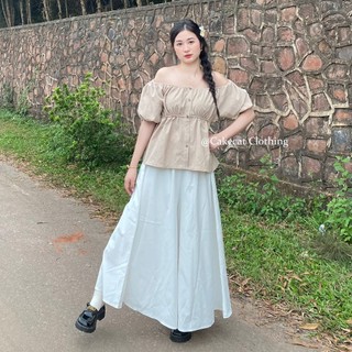 Quần Ống Rộng Chất Vải Đũi Sần Dáng Dài Xòe Quần Rộng Giả Váy Cạp Chun Cao Váy Dáng Chữ A Eo Co Giãn Cakecat