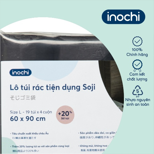 Lô 4 cuộn túi đựng rác tự phân hủy sinh học Inochi Có Quai Hơn 20% túi 10-25-50L phù hợp nhiều thùng rác