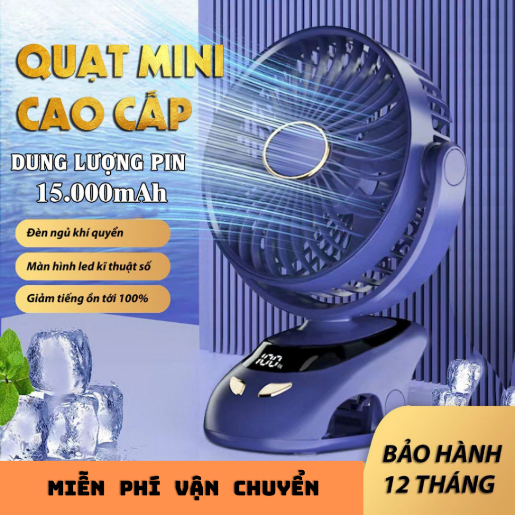 Quạt Tích Điện Để Bàn Tích Hợp Đèn Ngủ Cao Cấp, Quạt Kẹp Bàn Tích Điện Pin 15000Ah Có Màn Hình Hiển Thị Pin Mẫu 2025