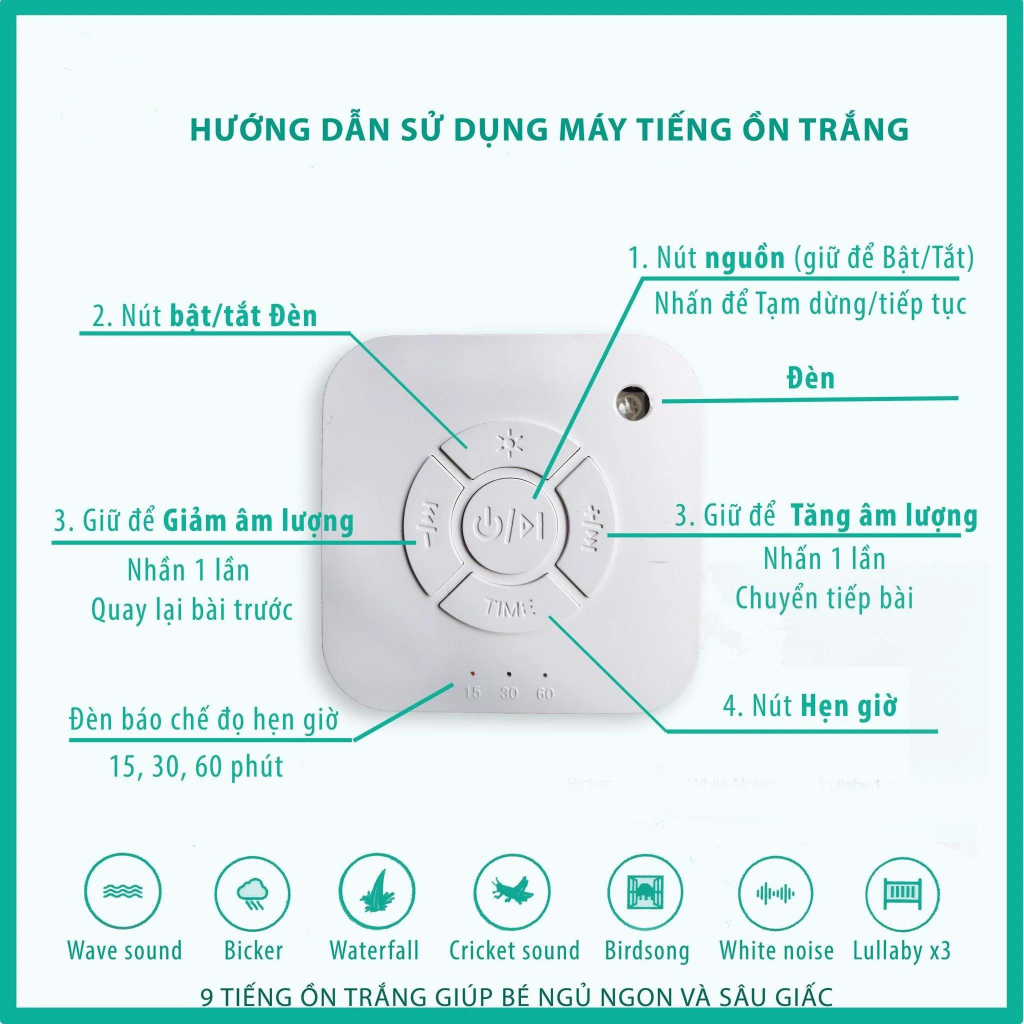 Máy tạo tiếng ồn trắng  White noise Corky baby Wn01 ru bé ngủ tích hợp 9 bản nhạc hay